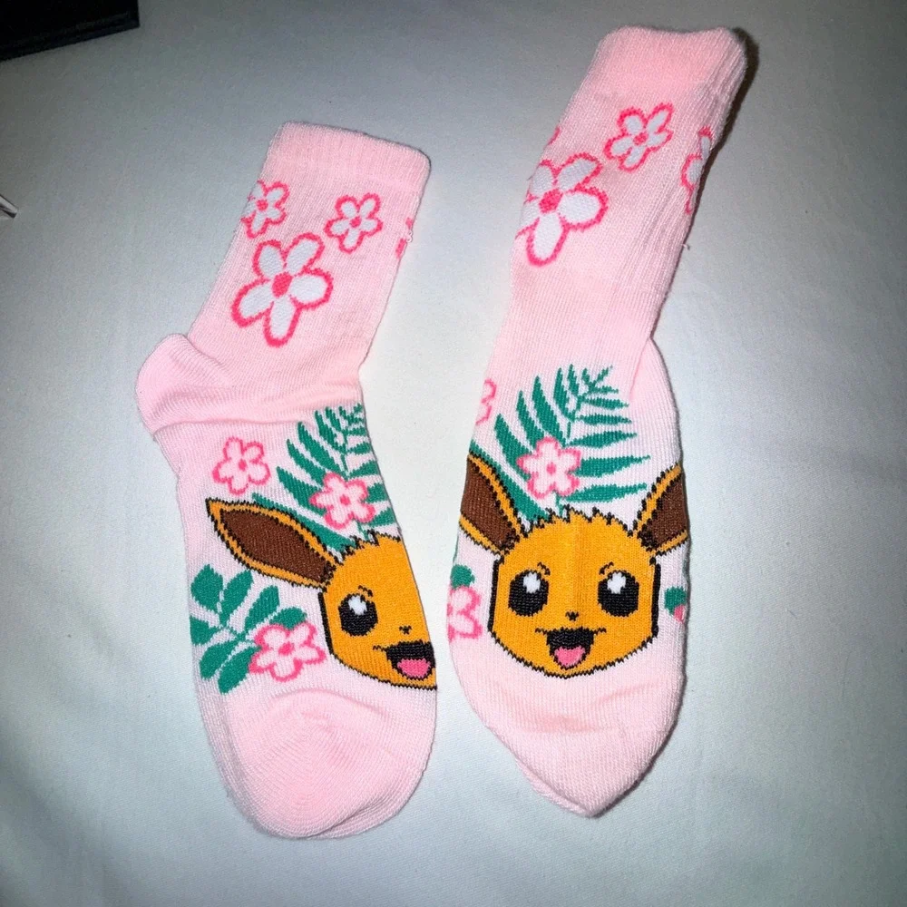 Pokemon Mid-Crew Socks Kids‎ S/M Pink Green New 3 Pairs Pikachu Eevee Floral